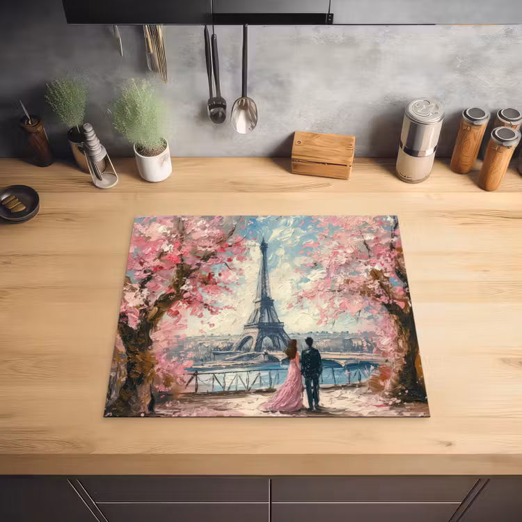 Eiffeltoren - Koppel - Roze - Romantisch - Bomen - Parijs Inductie beschermer vinyl 3mm middel -sfeer5