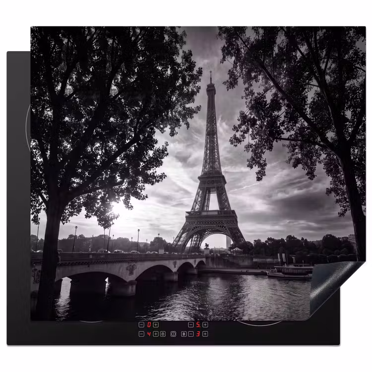 Eiffeltoren - Parijs - Rivier - Architectuur - Zwart-wit Inductie beschermer vinyl 3mm middel -3d