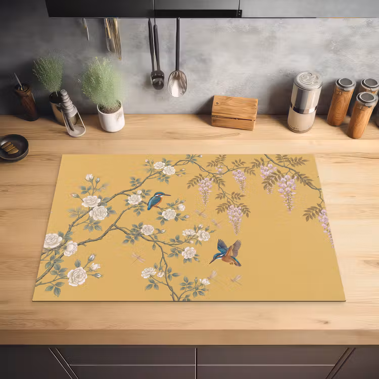 IJsvogels - Bloesem - Geel Inductie beschermer vinyl 3mm klein -sfeer5