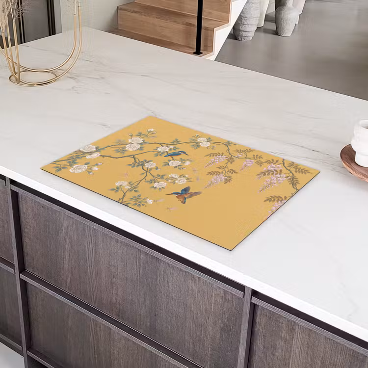 IJsvogels - Bloesem - Geel Inductie beschermer vinyl 3mm klein -sfeer8