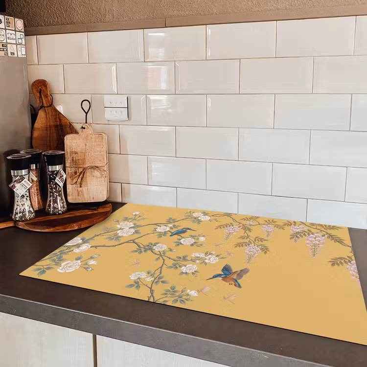 IJsvogels - Bloesem - Geel Inductie beschermer vinyl 3mm klein -sfeer3