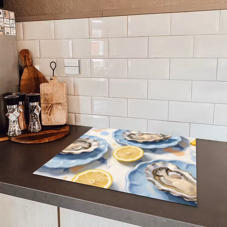 Eten - Oesters - Citroenen - Modern - Geel Inductie beschermer vinyl 3mm middel -sfeer3