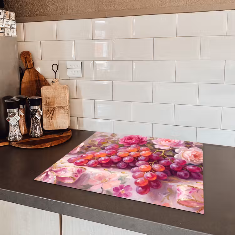 Eten - Bloemen - Stilleven - Roze - Goud Inductie beschermer vinyl 3mm middel -sfeer3