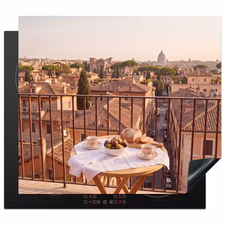 Eten - Ontbijt - Balkon - Stad - Zonsopgang Inductie beschermer vinyl 3mm middel -3d