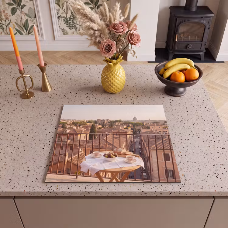 Eten - Ontbijt - Balkon - Stad - Zonsopgang Inductie beschermer vinyl 3mm middel -sfeer3