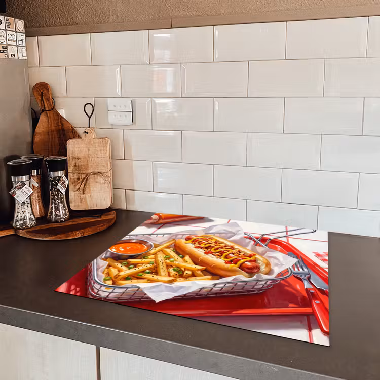Eten - Hotdog - Fastfood - Modern - Rood Inductie beschermer vinyl 3mm middel -sfeer3