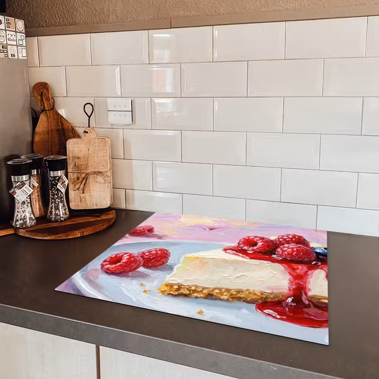 Eten - Cheesecake - Bessen - Abstract - Roze Inductie beschermer vinyl 3mm middel -sfeer3
