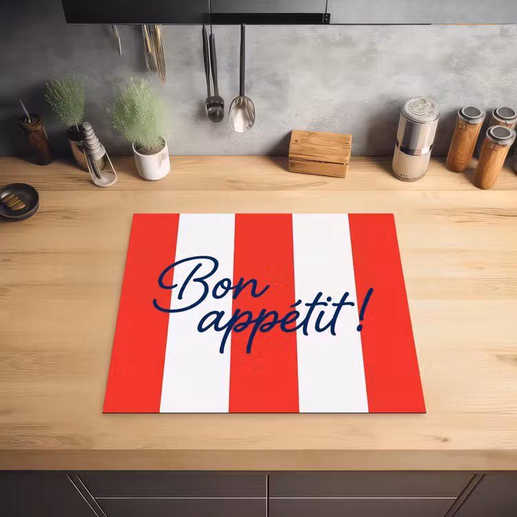 Eten - Spreuk - Keuken - Grafisch - Rood-Wit Inductie beschermer vinyl 3mm middel -sfeer5