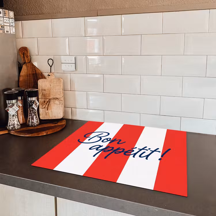 Eten - Spreuk - Keuken - Grafisch - Rood-Wit Inductie beschermer vinyl 3mm middel -sfeer3