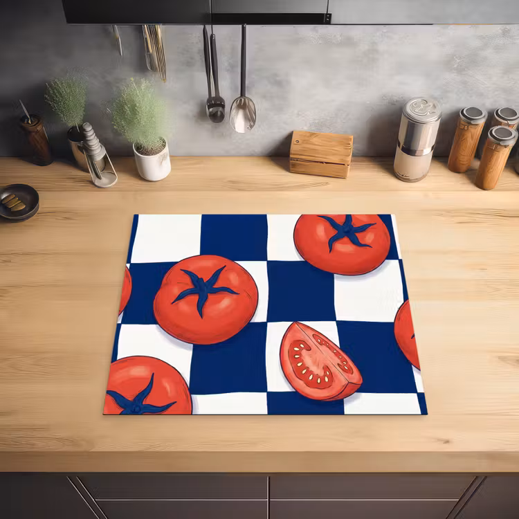 Eten - Tomaten - Keuken - Illustratie - Rood-Blauw Inductie beschermer vinyl 3mm middel -sfeer5