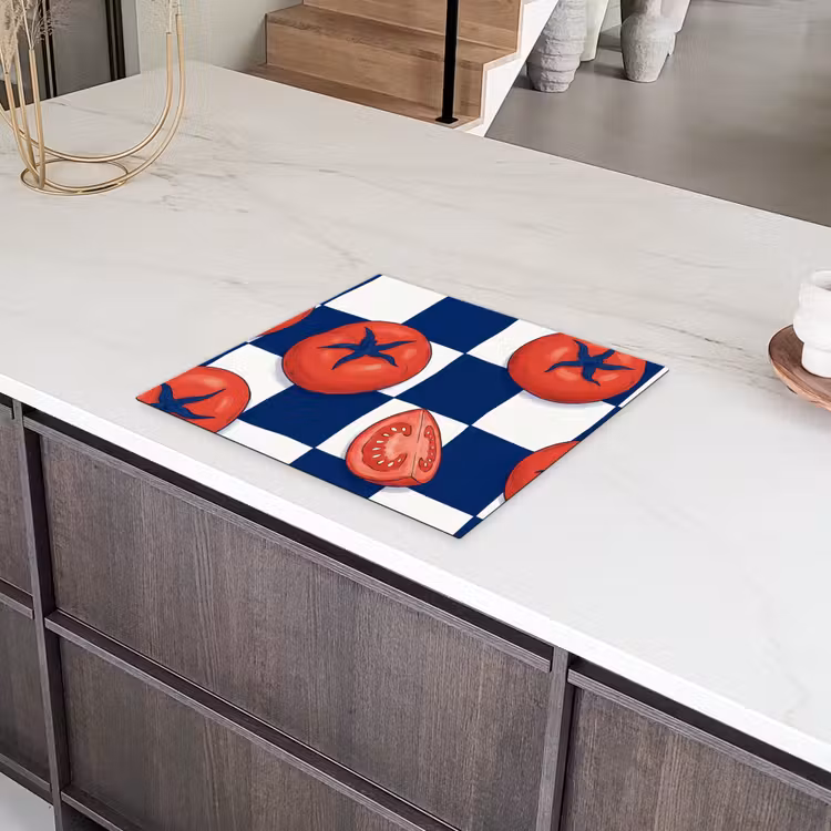 Eten - Tomaten - Keuken - Illustratie - Rood-Blauw Inductie beschermer vinyl 3mm middel -sfeer8