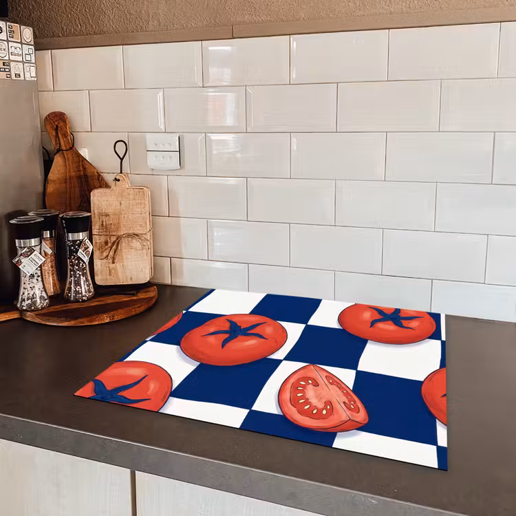 Eten - Tomaten - Keuken - Illustratie - Rood-Blauw Inductie beschermer vinyl 3mm middel -sfeer3