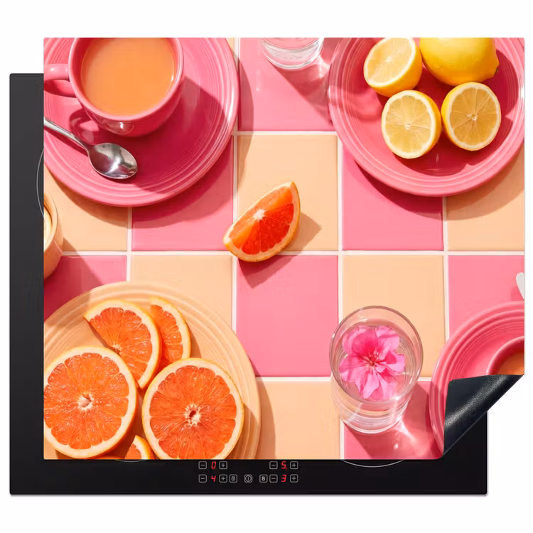 Eten - Citrusvruchten - Stillevens - Roze - Oranje Inductie beschermer vinyl 3mm middel -3d