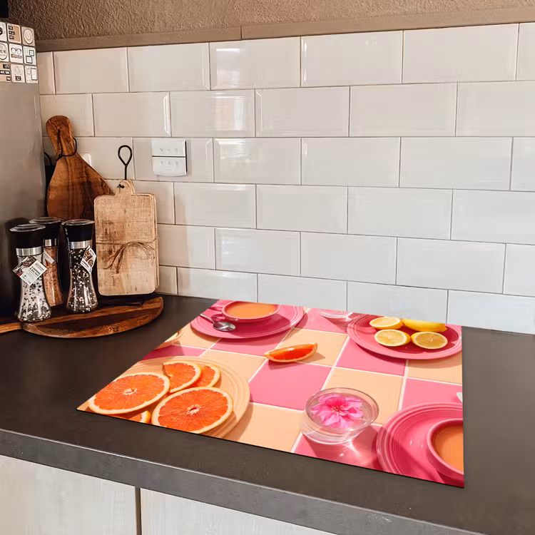 Eten - Citrusvruchten - Stillevens - Roze - Oranje Inductie beschermer vinyl 3mm middel -sfeer3