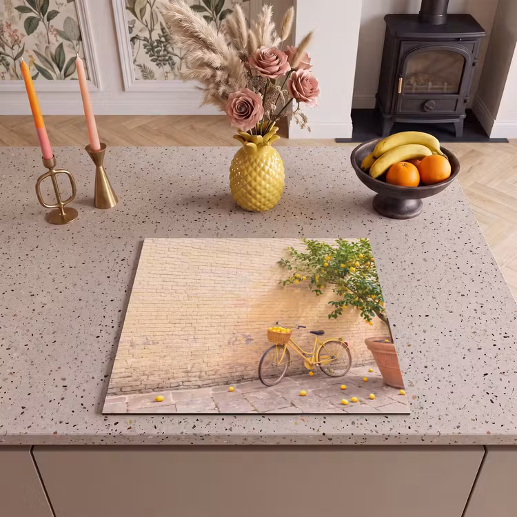 Fiets - Mand - Eten - Geel - Zomer Inductie beschermer vinyl 3mm middel -sfeer3