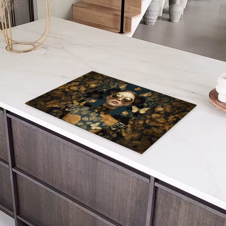 Vrouw - Bladeren - Goud - Vlinders Inductie beschermer vinyl 3mm klein -sfeer8