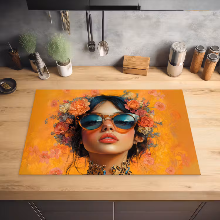 Vrouw - Bloemen - Aesthetic - Oranje Inductie beschermer vinyl 3mm klein -sfeer5