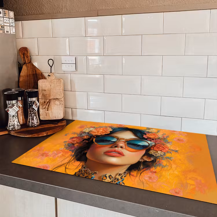 Vrouw - Bloemen - Aesthetic - Oranje Inductie beschermer vinyl 3mm klein -sfeer3