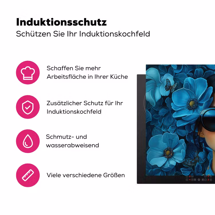 Vrouw - Bloemen - Blauw - Aesthetic - Luxe Inductie beschermer vinyl 3mm klein -zzzzzzz-lf-ups