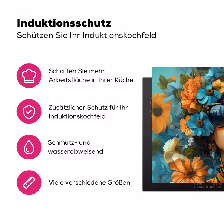 Vrouw - Bloemen - Oranje - Blauw - Modern Inductie beschermer vinyl 3mm klein -zzzzzzz-lf-ups