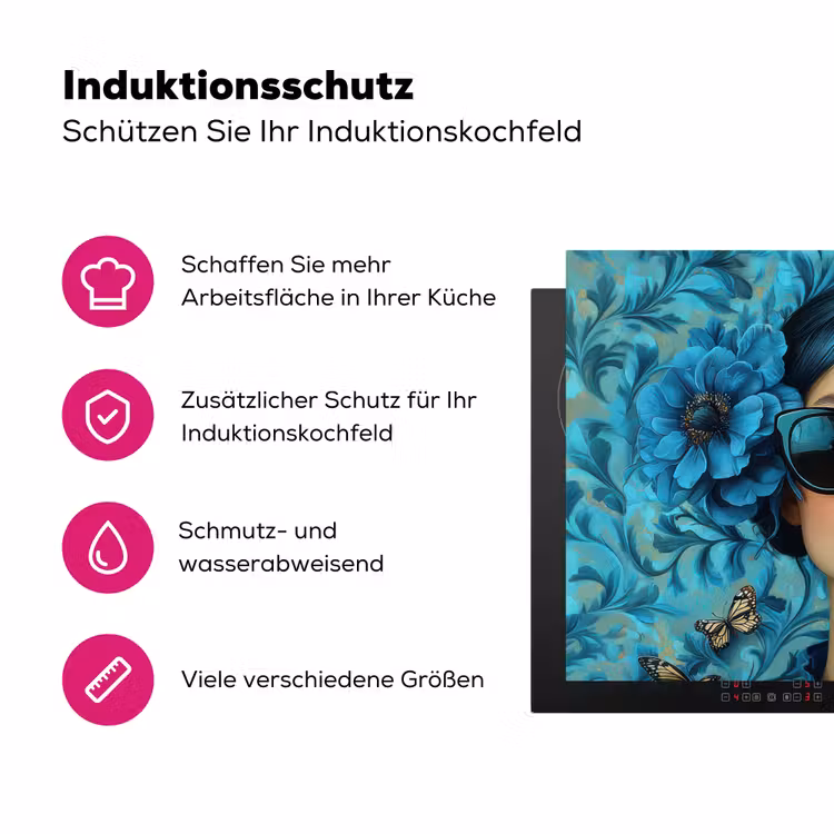 Vrouw - Bloemen - Vlinders - Blauw - Abstract Inductie beschermer vinyl 3mm klein -zzzzzzz-lf-ups