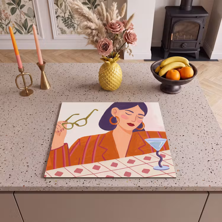 Vrouw - Bril - Cocktail - Illustratie - Modern Inductie beschermer vinyl 3mm middel -sfeer3