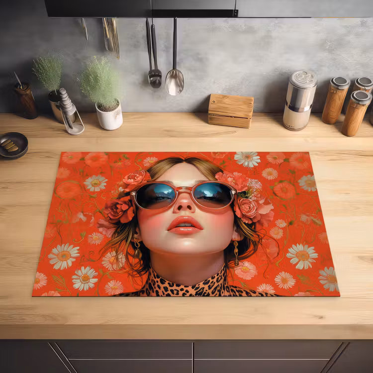 Vrouw - Kleurrijk - Dierenprint - Bloemen Inductie beschermer vinyl 3mm klein -sfeer5