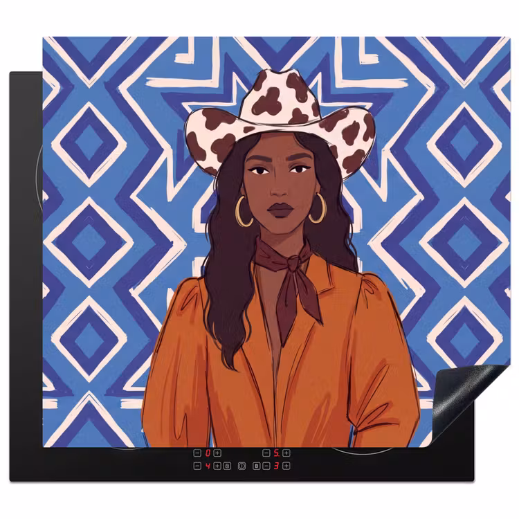 Vrouw - Cowboyhoed - Portret - Modern - Blauw Inductie beschermer vinyl 3mm middel -3d