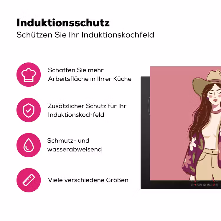 Vrouw - Hoed - Portret - Illustratie - Roze Inductie beschermer vinyl 3mm middel -zzzzzzz-lf-ups
