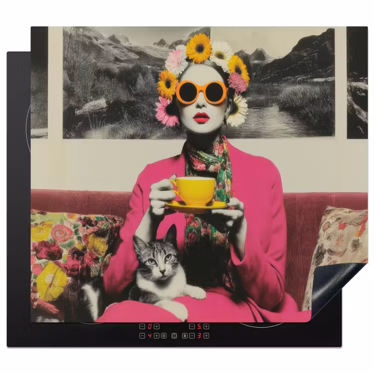 Herdabdeckplatte - Frau - Katze - Blumen - Tasse - Retro