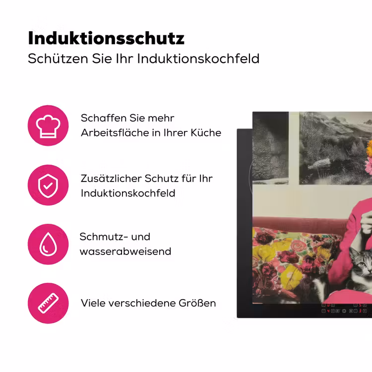Vrouw - Kat - Bloemen - Kopje - Retro Inductie beschermer vinyl 3mm klein -zzzzzzz-lf-ups