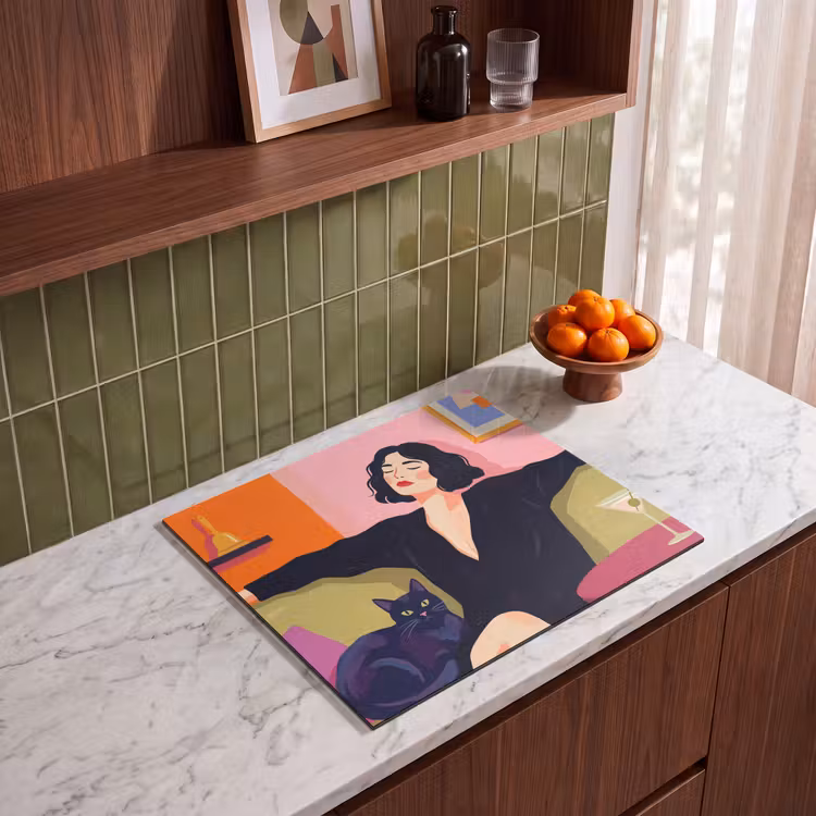 Vrouw - Kat - Interieur - Modern - Kleurrijk Inductie beschermer vinyl 3mm middel -sfeer8