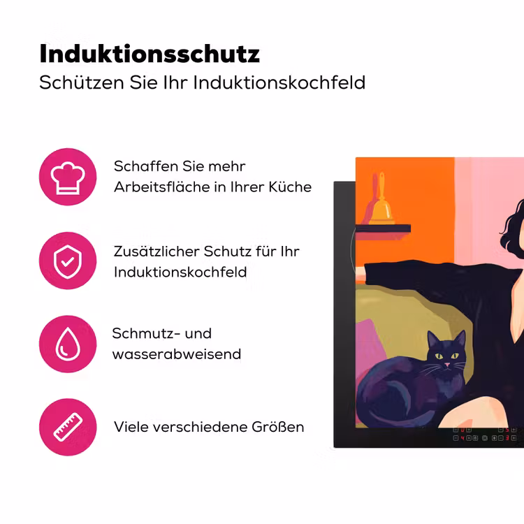 Vrouw - Kat - Interieur - Modern - Kleurrijk Inductie beschermer vinyl 3mm middel -zzzzzzz-lf-ups