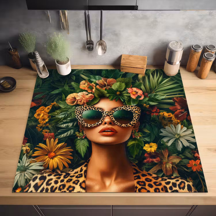 Vrouw - Panterprint - Jungle - Natuur - Luxe Inductie beschermer vinyl 3mm middel -sfeer5