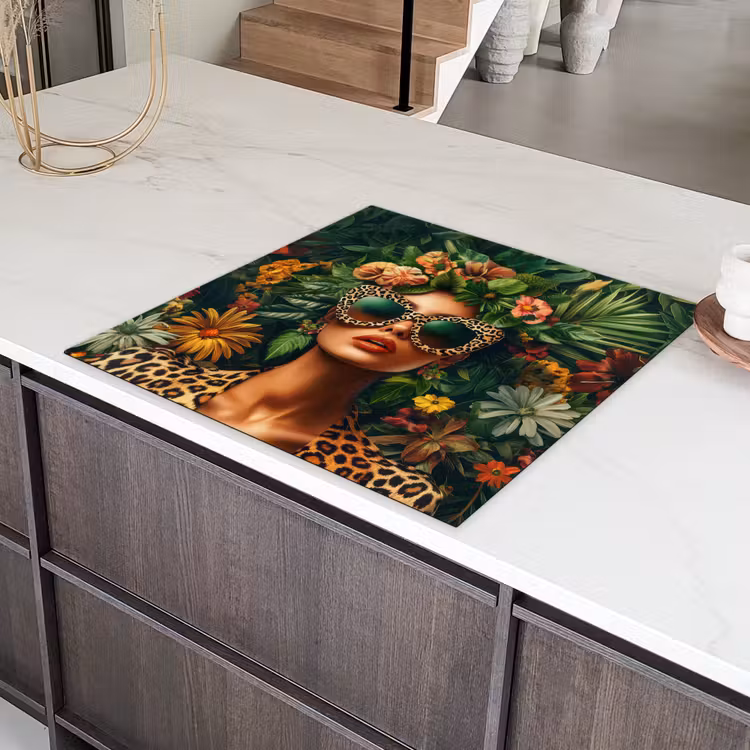 Vrouw - Panterprint - Jungle - Natuur - Luxe Inductie beschermer vinyl 3mm middel -sfeer8