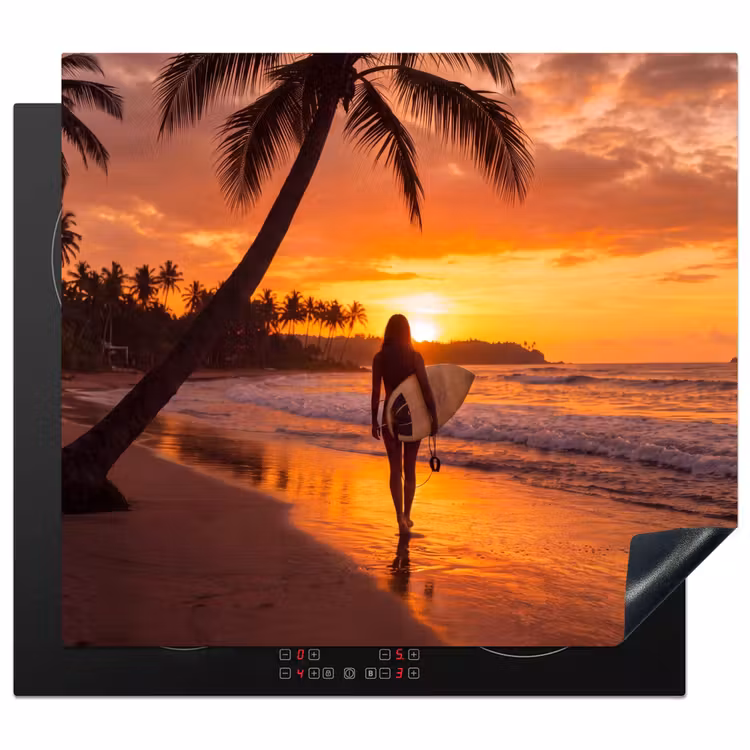 Vrouw - Surfplank - Strand - Zonsondergang - Oranje Inductie beschermer vinyl 3mm middel -3d