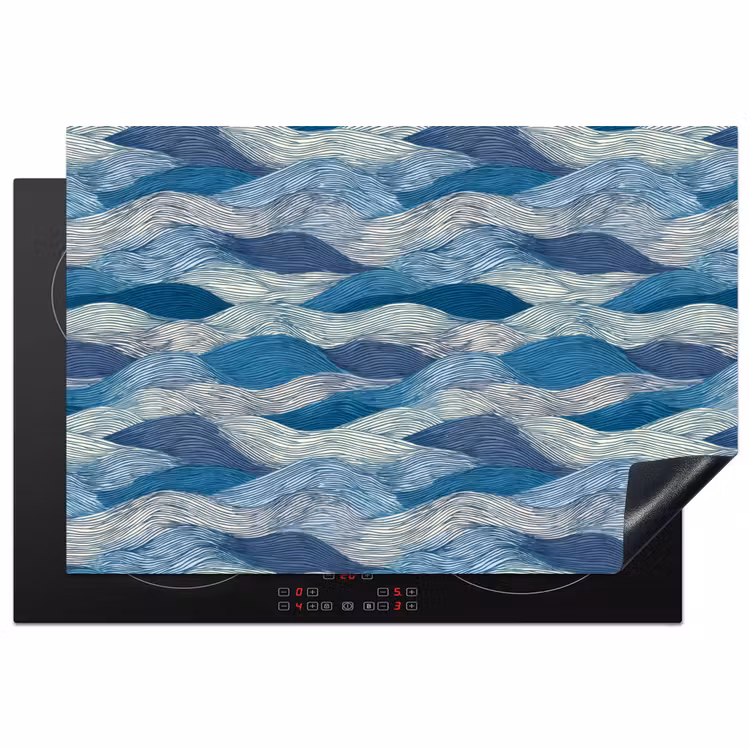 Getekend - Blauw - Wit - Golvend - Streepjes Inductie beschermer vinyl 3mm klein 276 -3d