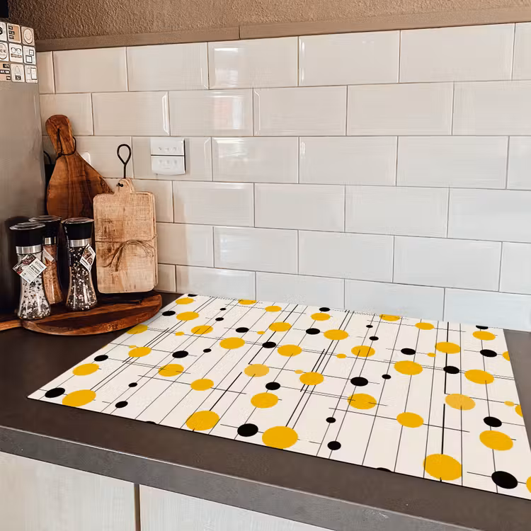 Geometrisch - Retro - Lijnen - Okergeel - Zwart Inductie beschermer vinyl 3mm klein 276 -sfeer3