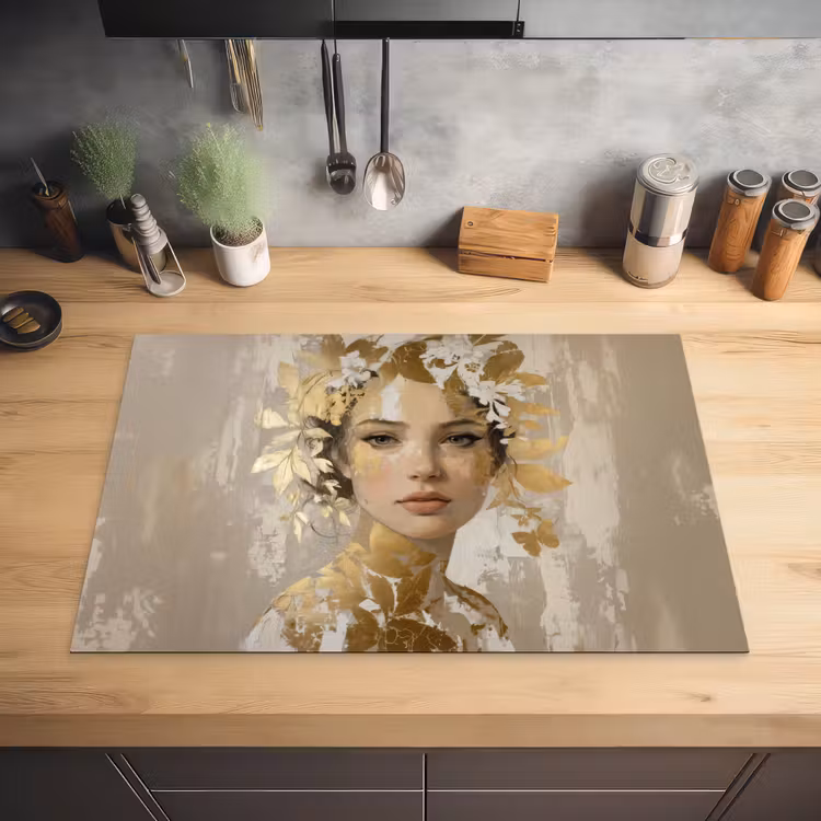 Gezicht - Vrouw - Bladeren - Goud Inductie beschermer vinyl 3mm klein -sfeer5
