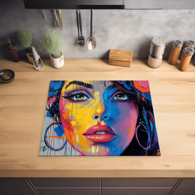 Graffiti - Vrouw - Kleurrijk - Streetart - Popart Inductie beschermer vinyl 3mm middel -sfeer5