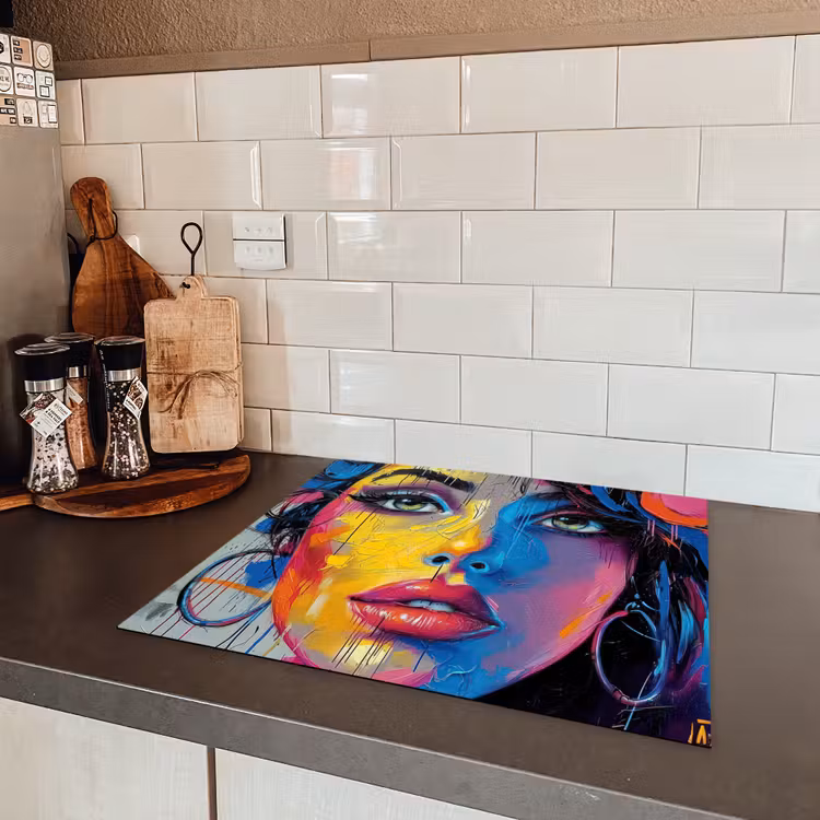 Graffiti - Vrouw - Kleurrijk - Streetart - Popart Inductie beschermer vinyl 3mm middel -sfeer3