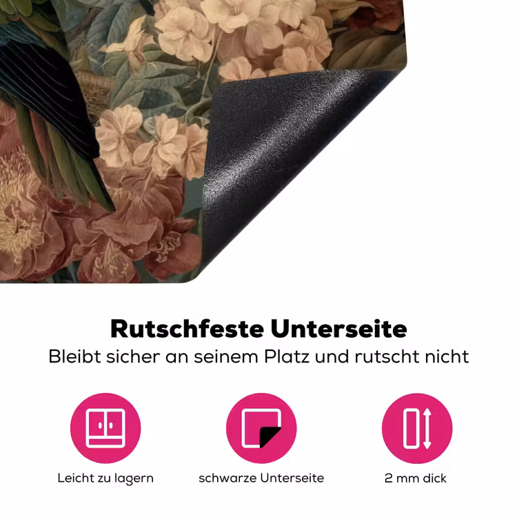Groene papegaai - Kleurrijke bloemen - Donkere achtergrond Inductie beschermer vinyl 3mm klein -zzzzzzz-lf-onderkant