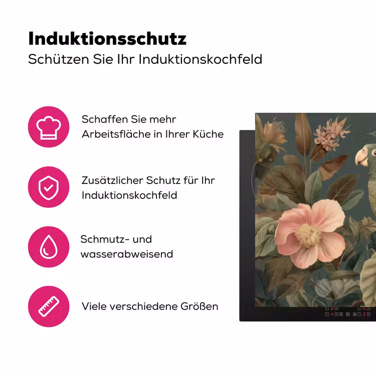 Groene papegaai - Kleurrijke bloemen - Donkere achtergrond Inductie beschermer vinyl 3mm klein -zzzzzzz-lf-ups