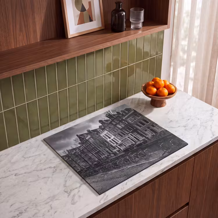 Huis - Gracht - Amsterdam - Architectuur - Zwart-wit Inductie beschermer vinyl 3mm middel -sfeer8