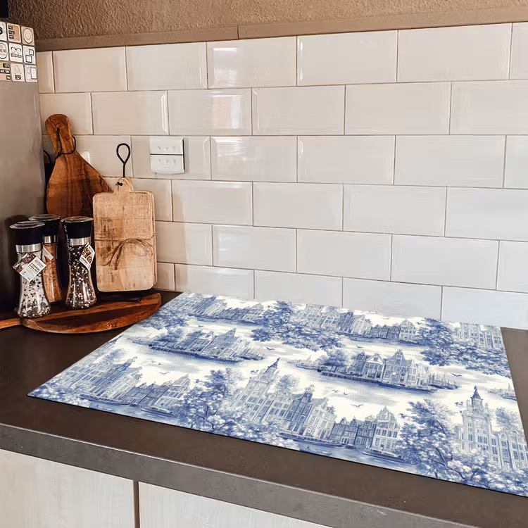 Huizen - Bomen - Water - Vogels - Blauw Inductie beschermer vinyl 3mm klein 276 -sfeer3