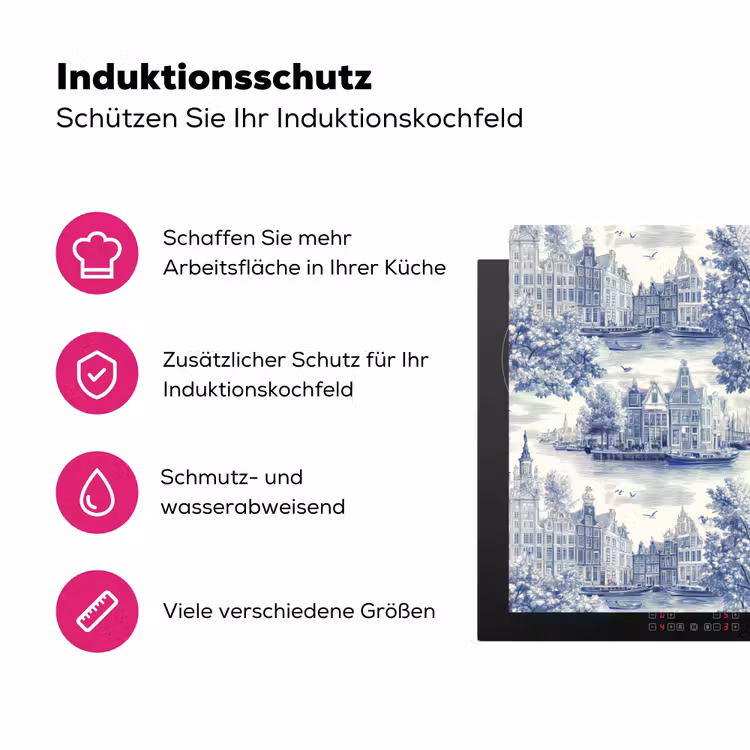 Huizen - Bomen - Water - Vogels - Blauw Inductie beschermer vinyl 3mm klein 276 -zzzzzzz-lf-ups