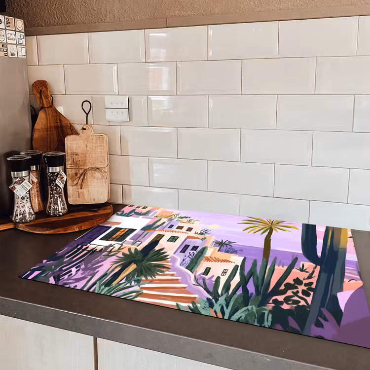 Huizen - Minimalistisch - Palmbomen - Kust Inductie beschermer vinyl 3mm klein -sfeer3