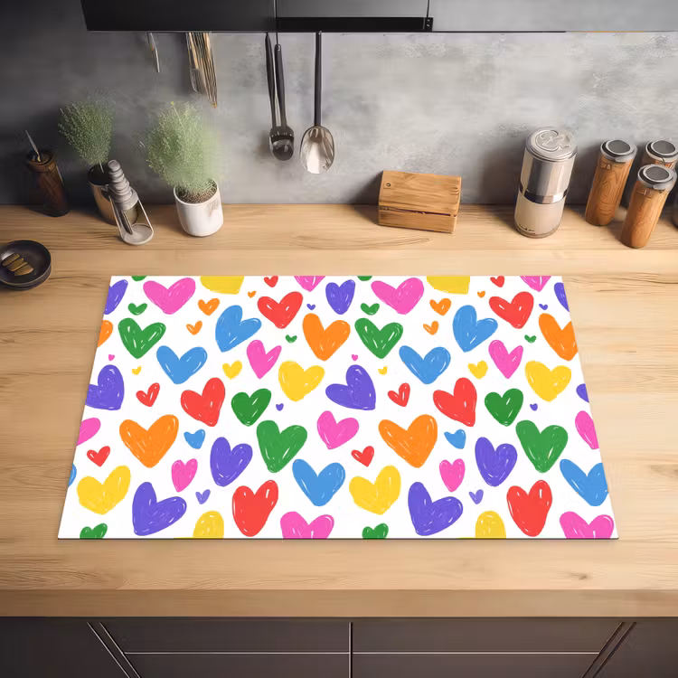 Hartjes - Patroon - Kleurrijk - Tekening Inductie beschermer vinyl 3mm klein -sfeer5