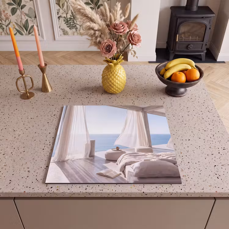 Interieur - Zeezicht - Modern - Rust - Beige Inductie beschermer vinyl 3mm middel -sfeer3