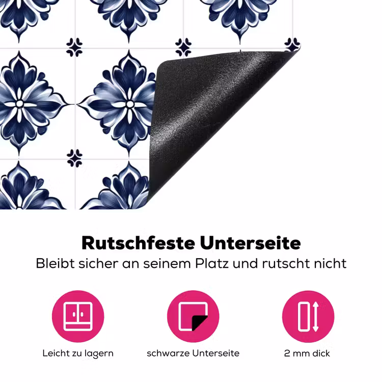 Tegelmotief - Blauw - Wit - Bloem Inductie beschermer vinyl 3mm klein 276 -zzzzzzz-lf-onderkant
